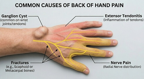Back Of Hand Pain Diagram. Common causes of pain in back of hand include ganglion cysts, nerve pain, extensor tendonitis and fractures.