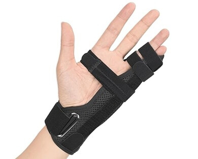 Boxer's Fracture Splint: An ulnar gutter splint with buddy taping helps to hold the hand in the right position while the 5th metacarpal fracture heals.