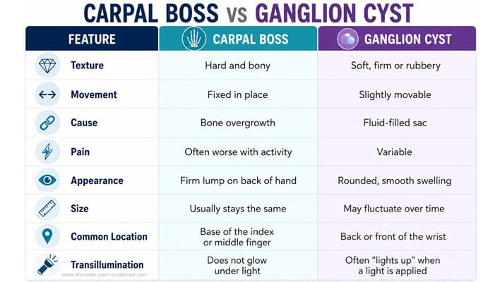 Carpal Boss vs Ganglion Cyst. Find out about the differences between and carpal boos and ganglion cyst, both common causes of a lump on the back of the hand. Carpal Boss vs Ganglion Cyst. Find out about the differences between and carpal boos and ganglion cyst, both common causes of a lump on the back of the hand.