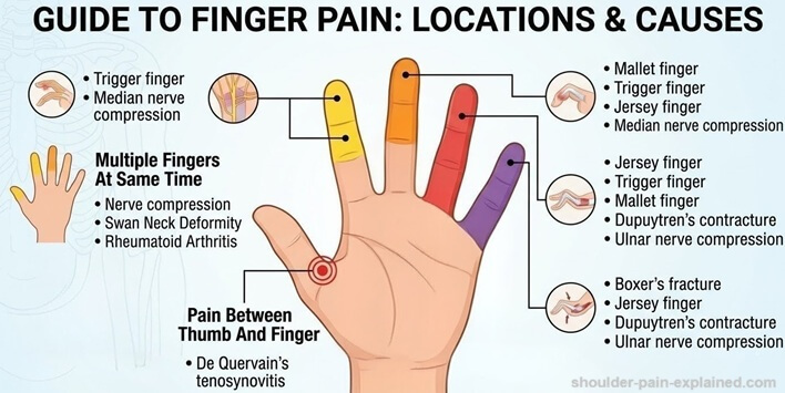Causes Of Finger Pain Diagram: Out finger pain location chart shows the common causes of pain in specific fingers