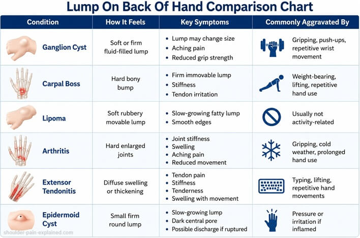 Causes Of Lump Back Of Hand: Comparison Chart. Find out about the common causes of lumps and cysts on back of hand and how best to treat them