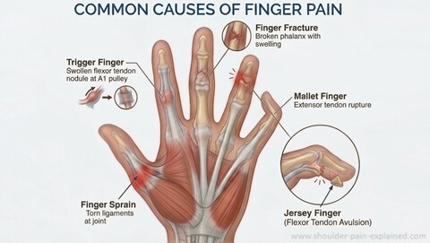 Finger & Hand Pain Diagram: Common causes of finger pain including Mallet Finger, Jersey Finger, trigger finger, fractures and sprains