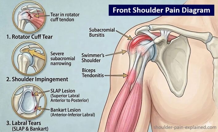 Front Shoulder Pain Diagnosis: Common causes of pain in front of shoulder including rotator cuff tears, labrum tears, shoulder impingement and shoulder bursitis