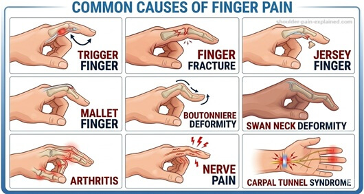 Hand and Finger Pain Diagram: Common Causes. Find out about the different causes of finger pain, how to tell which one you have and the best treatment options