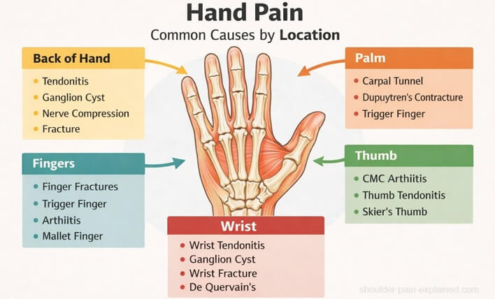 Hand Pain Diagram By Location: Common causes of hand pain in the different parts of the hand and how to treat them
