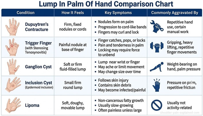 Lump In Palm Of Hand Comparison Chart: Compare the different causes of palm lumps and how they present