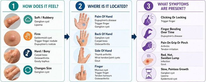Quick Guide To Identify A Lump On The Hand: Common causes of hand lumps, associated symptoms and what they mean