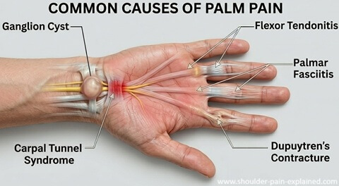 Palm Hand Pain Identifier: Common causes of pain in palm of hand including ganglion cyst, CTS, flexor tendonitis, palmar fasciitis and Dupuytren's contracture
