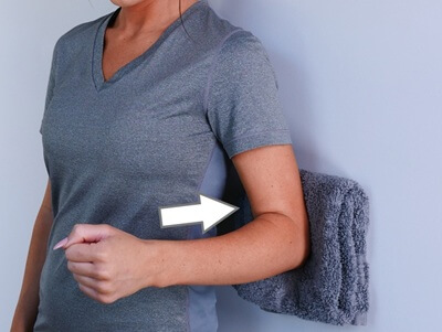 Rotator Cuff Rehab Exercises: Static shoulder extension to improve muscle strength following a rotator cuff tear/tendonitis.  Approved use www.hep2go.com