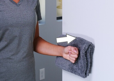 Shoulder Rotator Cuff Pain Exercises: Static shoulder external rotation to improve muscle strength following a rotator cuff tear/tendonitis.  Approved use www.hep2go.com