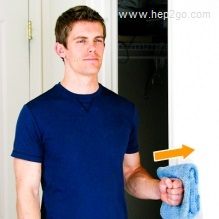 Static shoulder external rotation to improve muscle strength following a rotator cuff tear/tendonitis.  Approved use www.hep2go.com