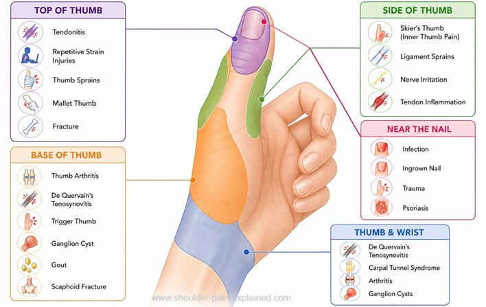 Thumb Pain Location Chart: Common causes of pain in the thumb at different locations